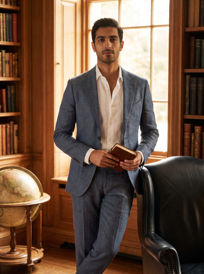 Slate Blue Linen Suit — Custom Made to Measure - front view