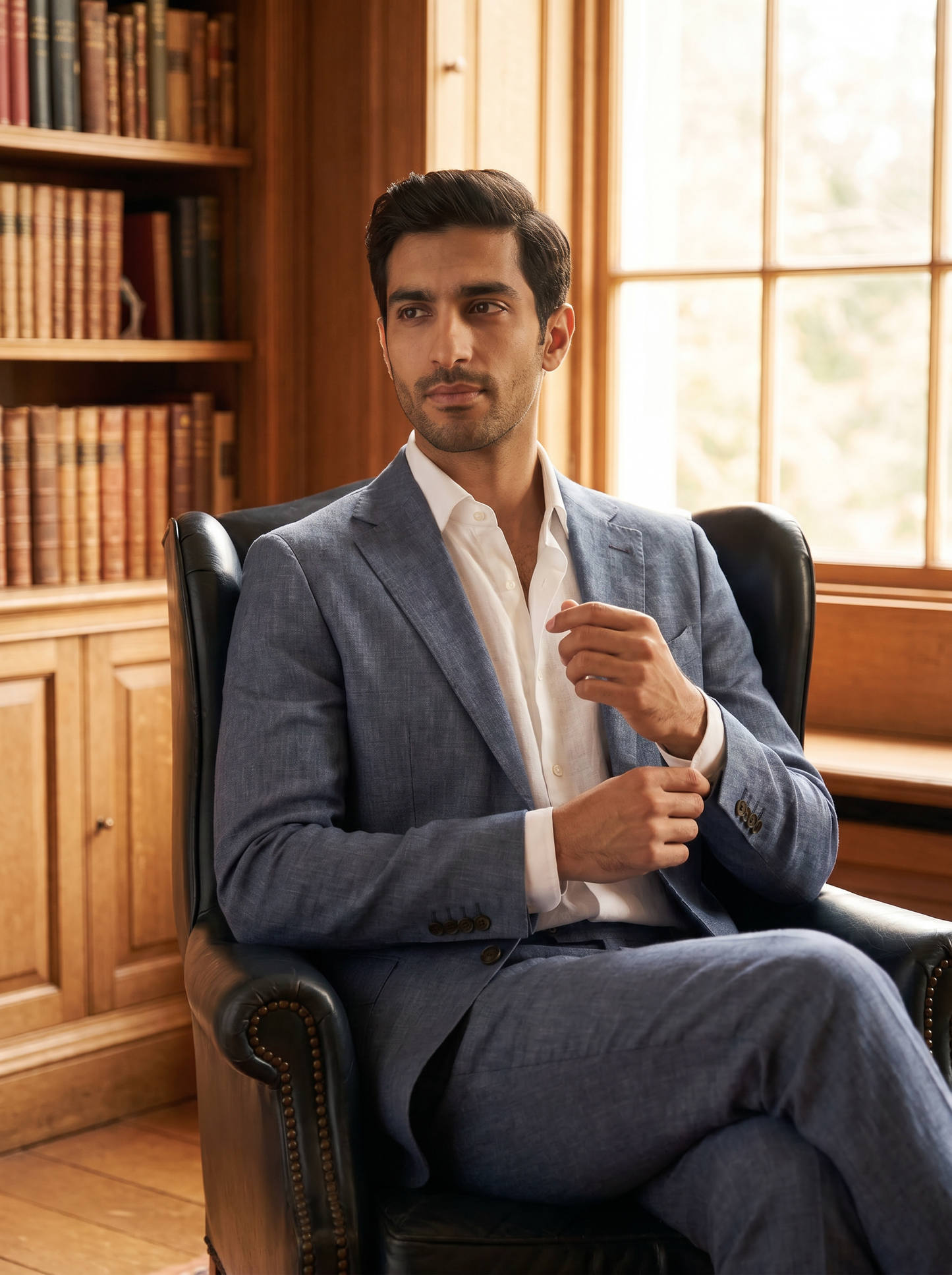 Slate Blue Linen Suit — Custom Made to Measure - seated view