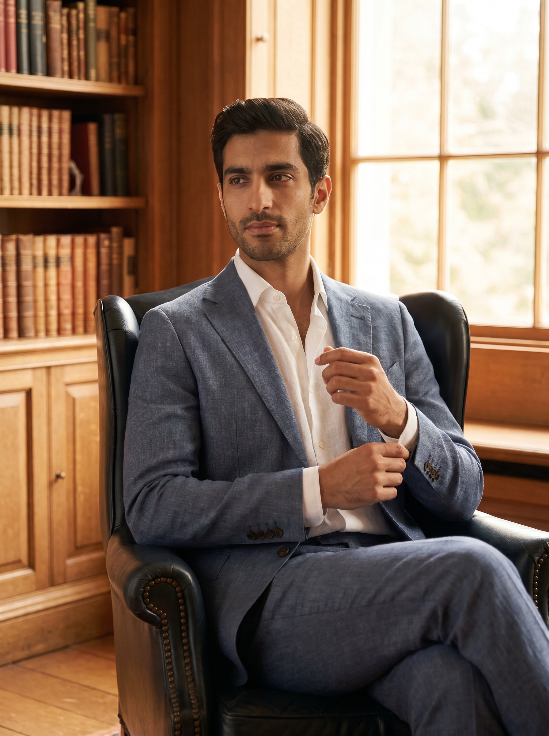 Slate Blue Linen Suit — Custom Made to Measure - seated view