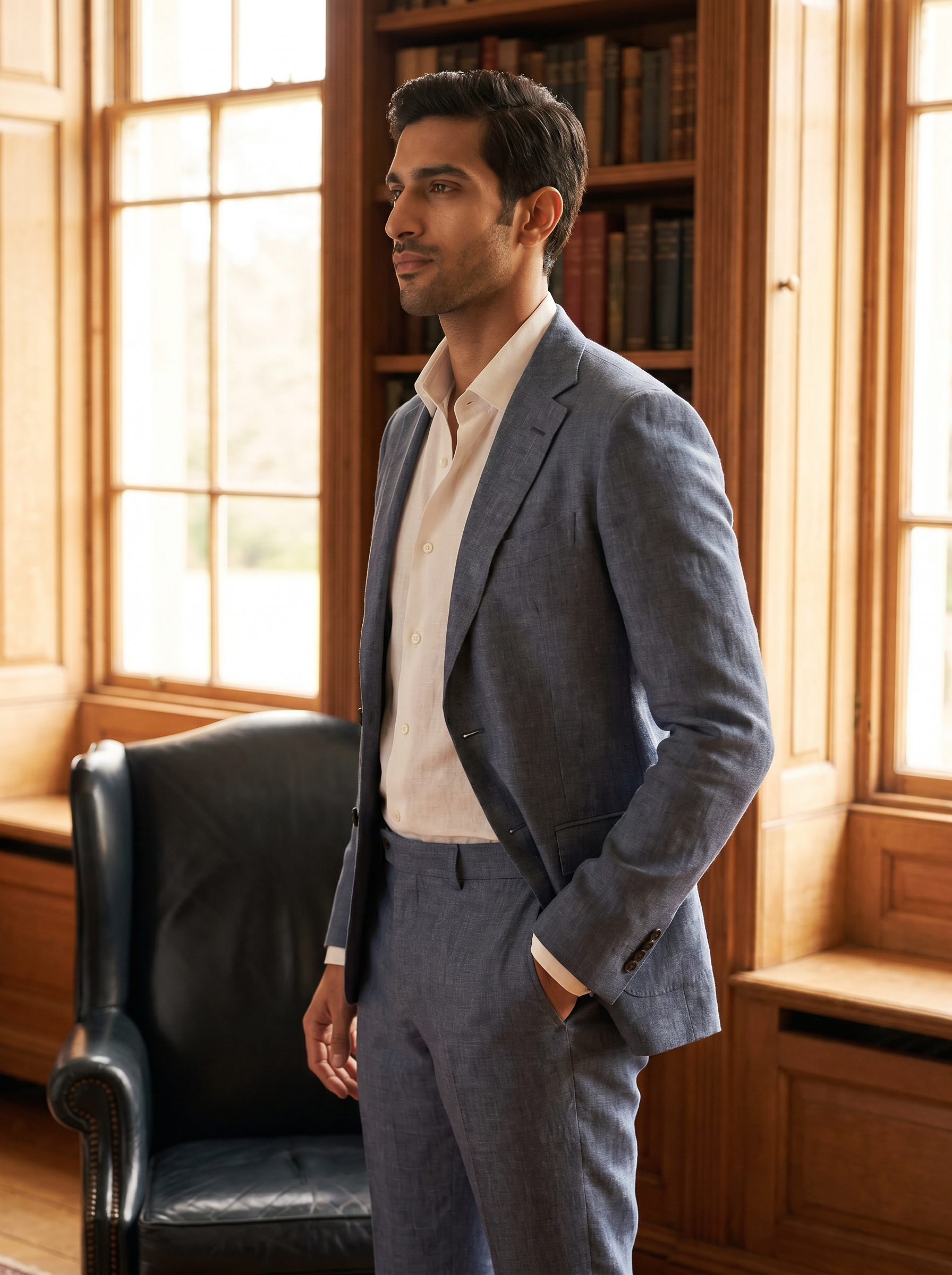 Slate Blue Linen Suit — Custom Made to Measure - side view