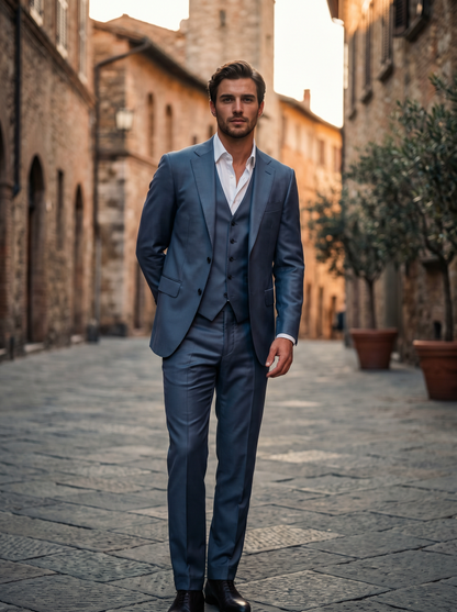 Slate Blue Silk Blend 3-Piece Suit — Custom Made to Measure - front view