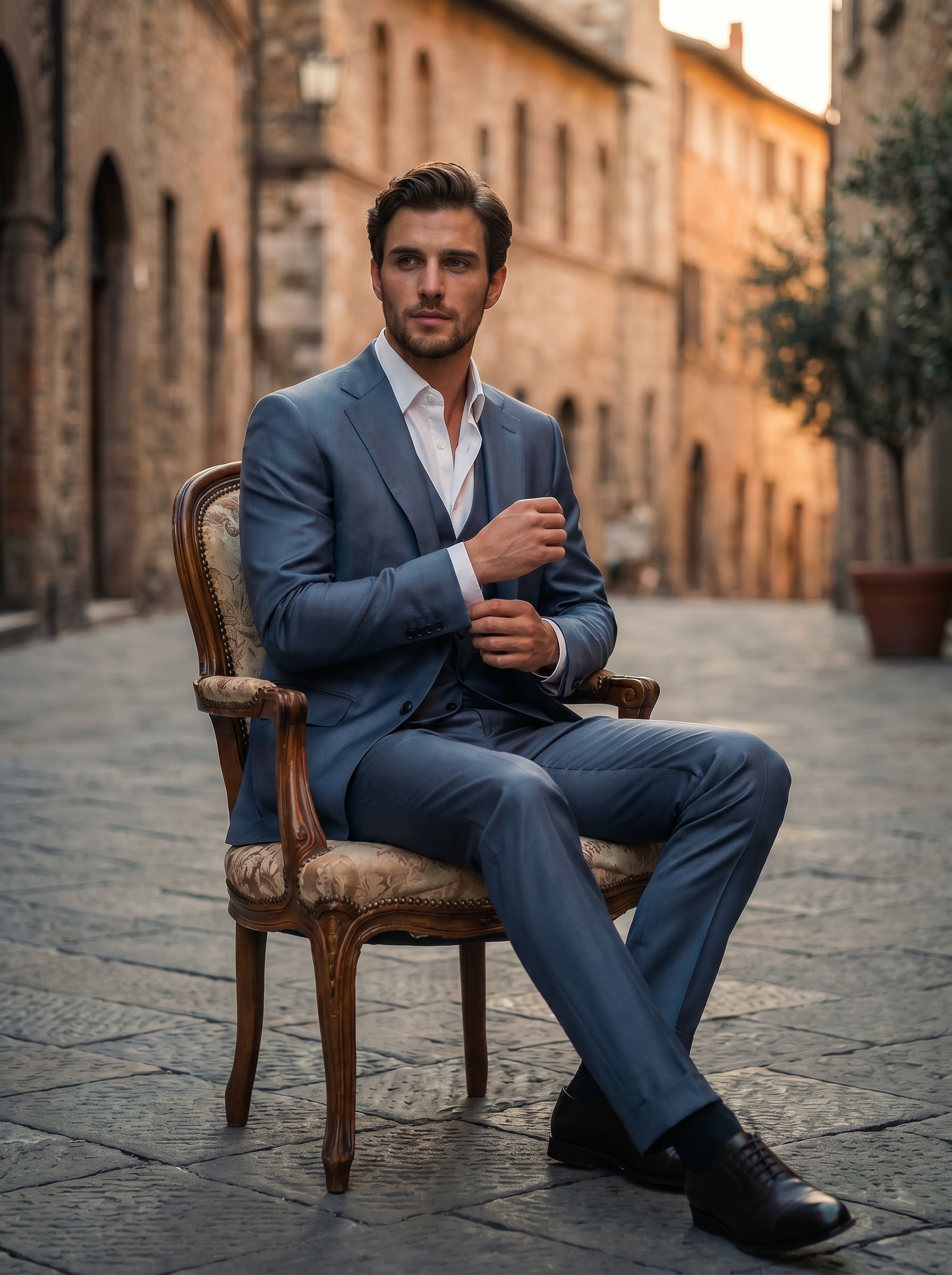 Slate Blue Silk Blend 3-Piece Suit — Custom Made to Measure - seated view