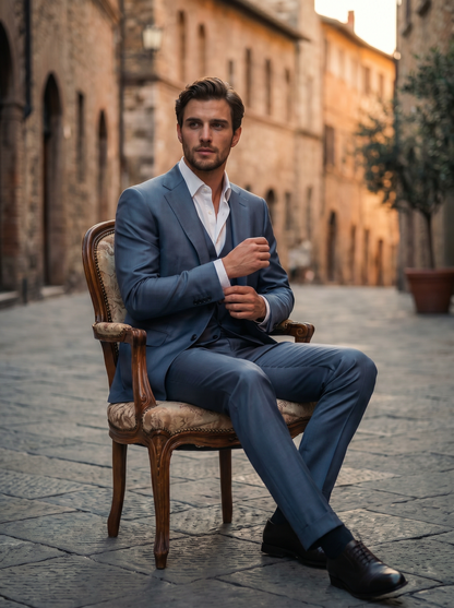 Slate Blue Silk Blend 3-Piece Suit — Custom Made to Measure - seated view