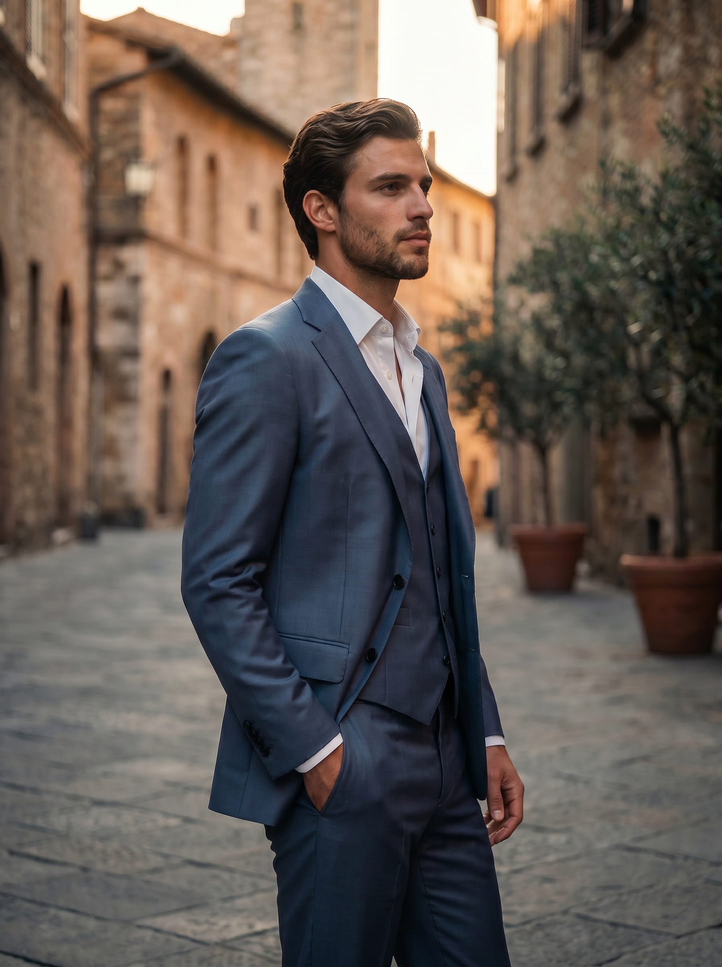 Slate Blue Silk Blend 3-Piece Suit — Custom Made to Measure - side view