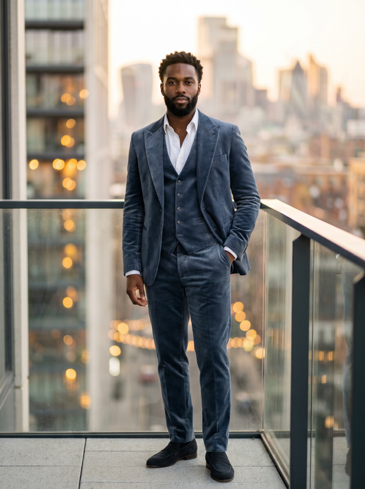 Slate Blue Velvet 3-Piece Suit — Custom Made to Measure - front view