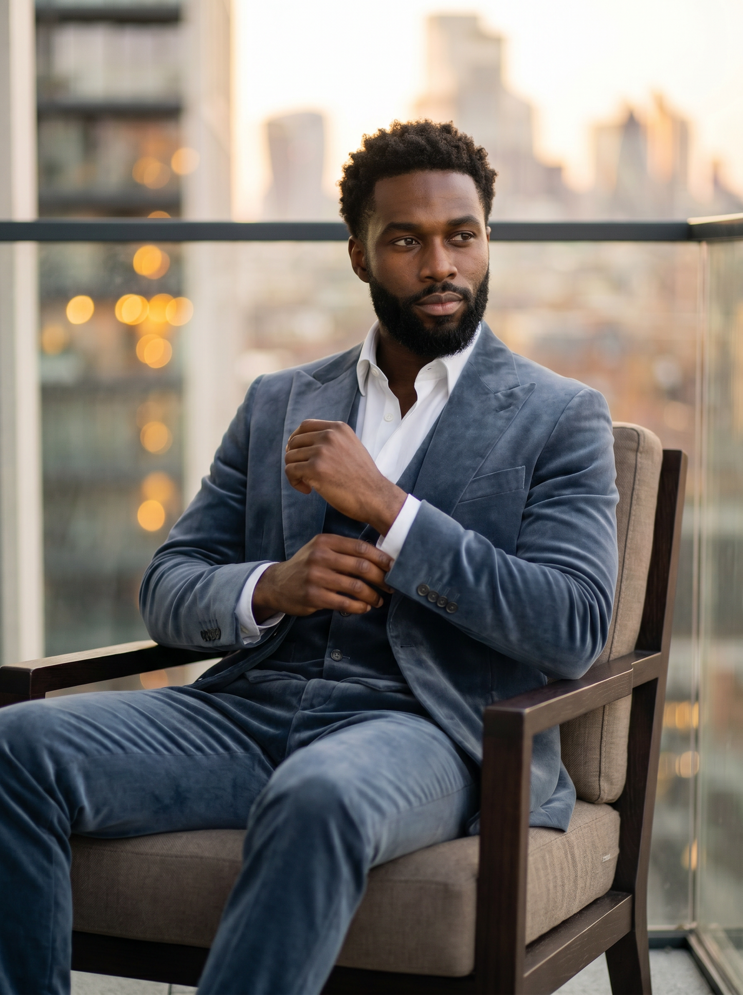Slate Blue Velvet 3-Piece Suit — Custom Made to Measure - seated view