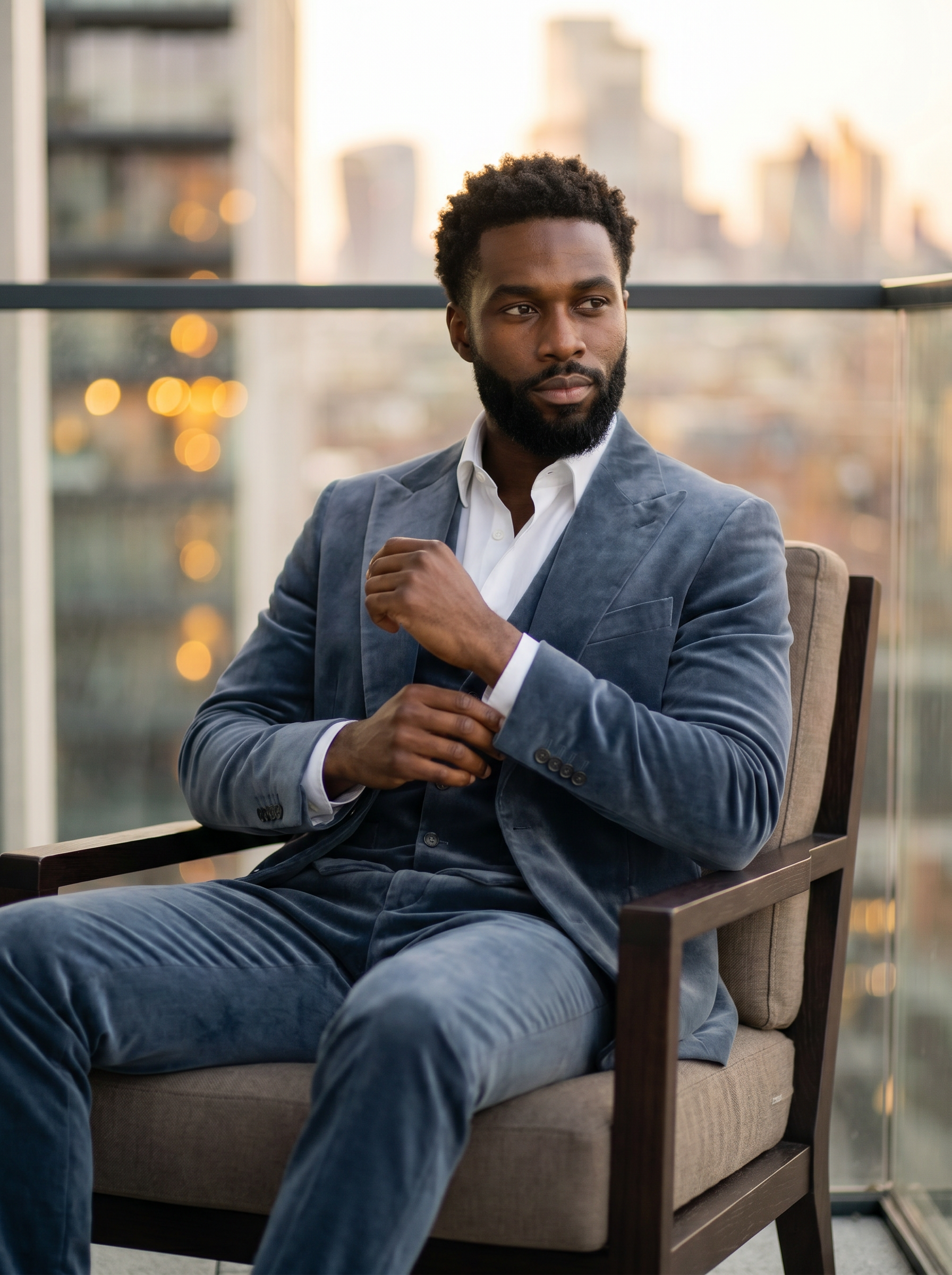 Slate Blue Velvet 3-Piece Suit — Custom Made to Measure - seated view