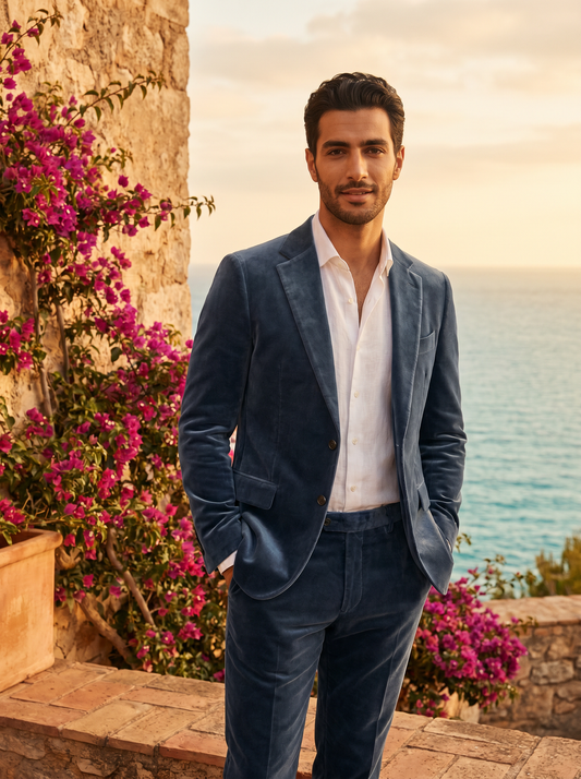 Slate Blue Velvet Groomsmen Suit — Custom Made to Measure - front view
