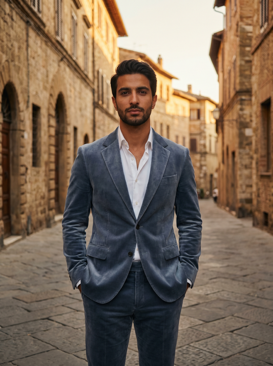 Slate Blue Velvet Suit — Custom Made to Measure - front view