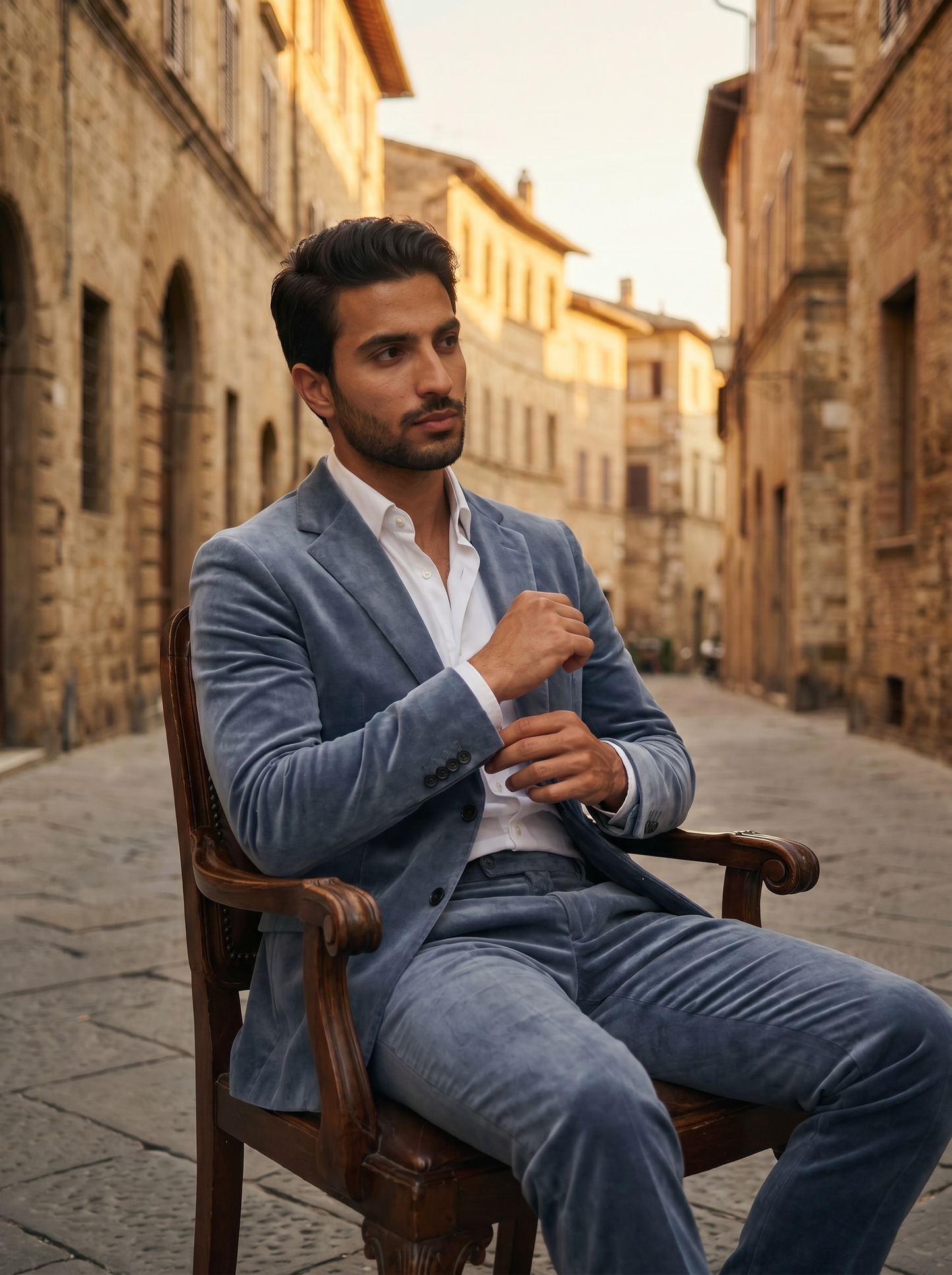 Slate Blue Velvet Suit — Custom Made to Measure - seated view