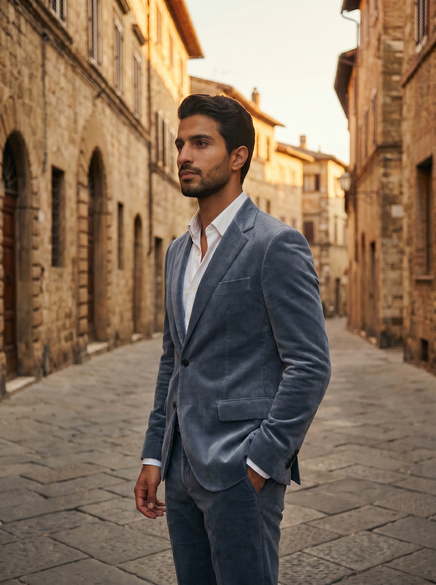 Slate Blue Velvet Suit — Custom Made to Measure - side view