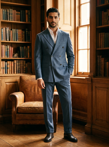 Slate Blue Wool Double Breasted Suit — Custom Made to Measure - front view