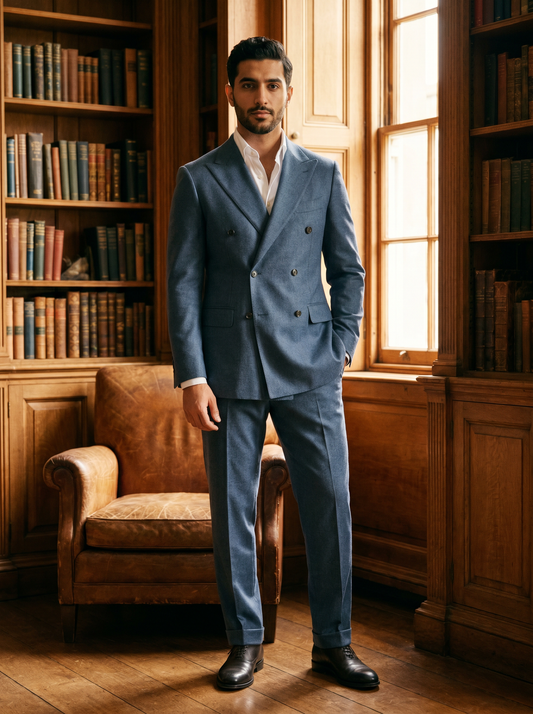 Slate Blue Wool Double Breasted Suit — Custom Made to Measure - front view