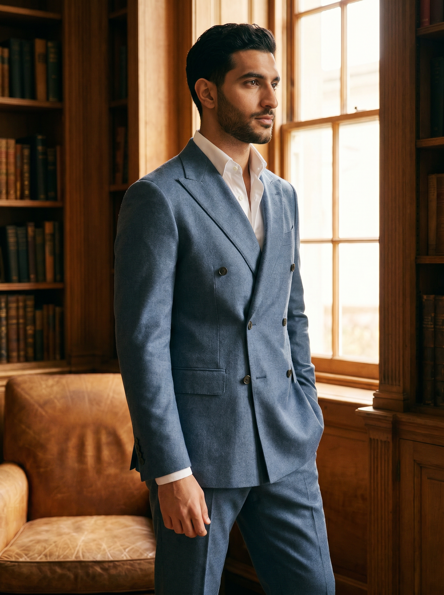 Slate Blue Wool Double Breasted Suit — Custom Made to Measure - side view