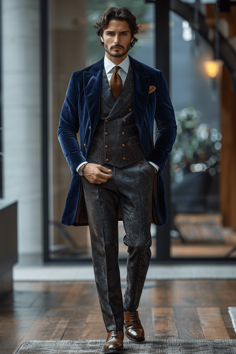 Slate Blue Velvet Cocktail Party Suit — Custom Made to Measure