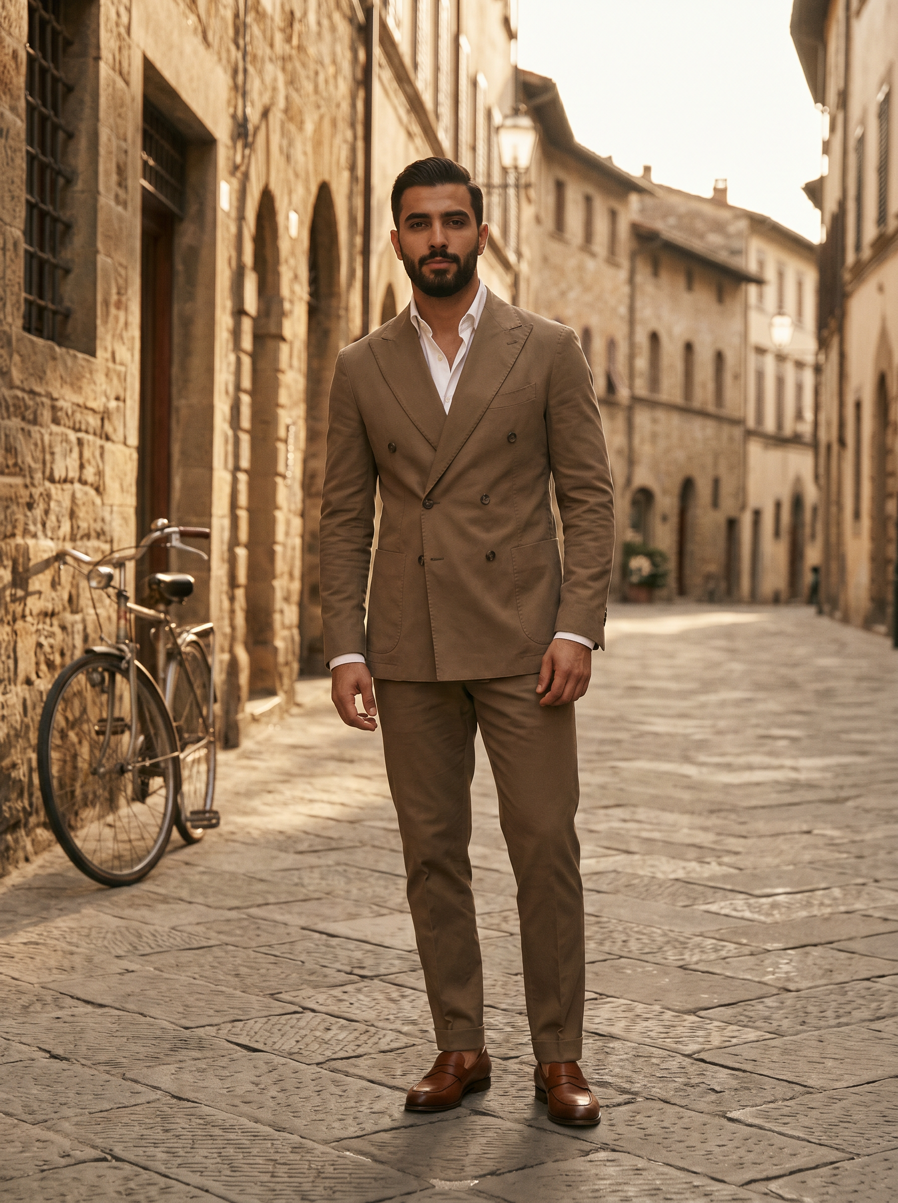 Stone Cotton Double Breasted Suit — Custom Made to Measure - front view