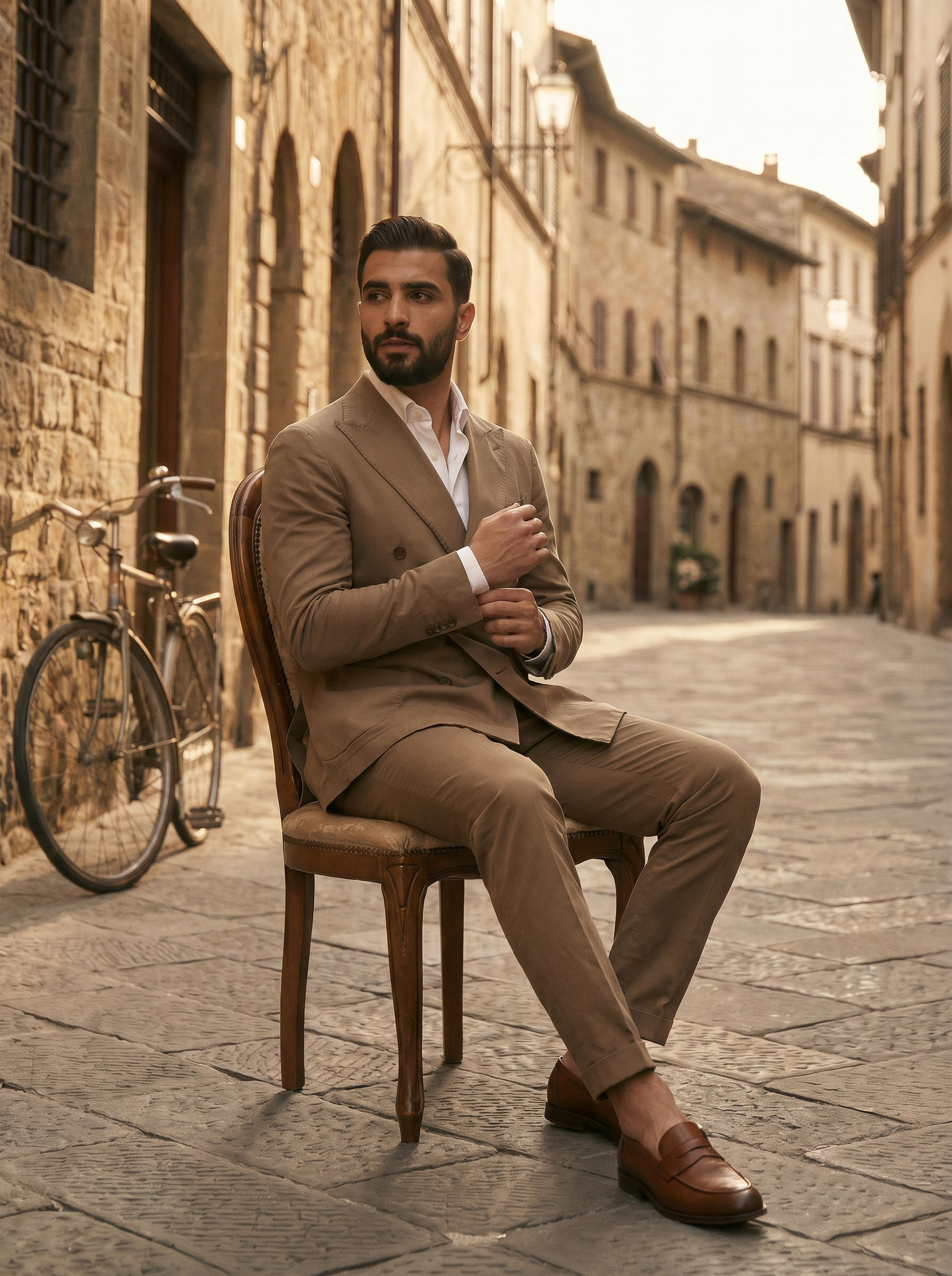 Stone Cotton Double Breasted Suit — Custom Made to Measure - seated view