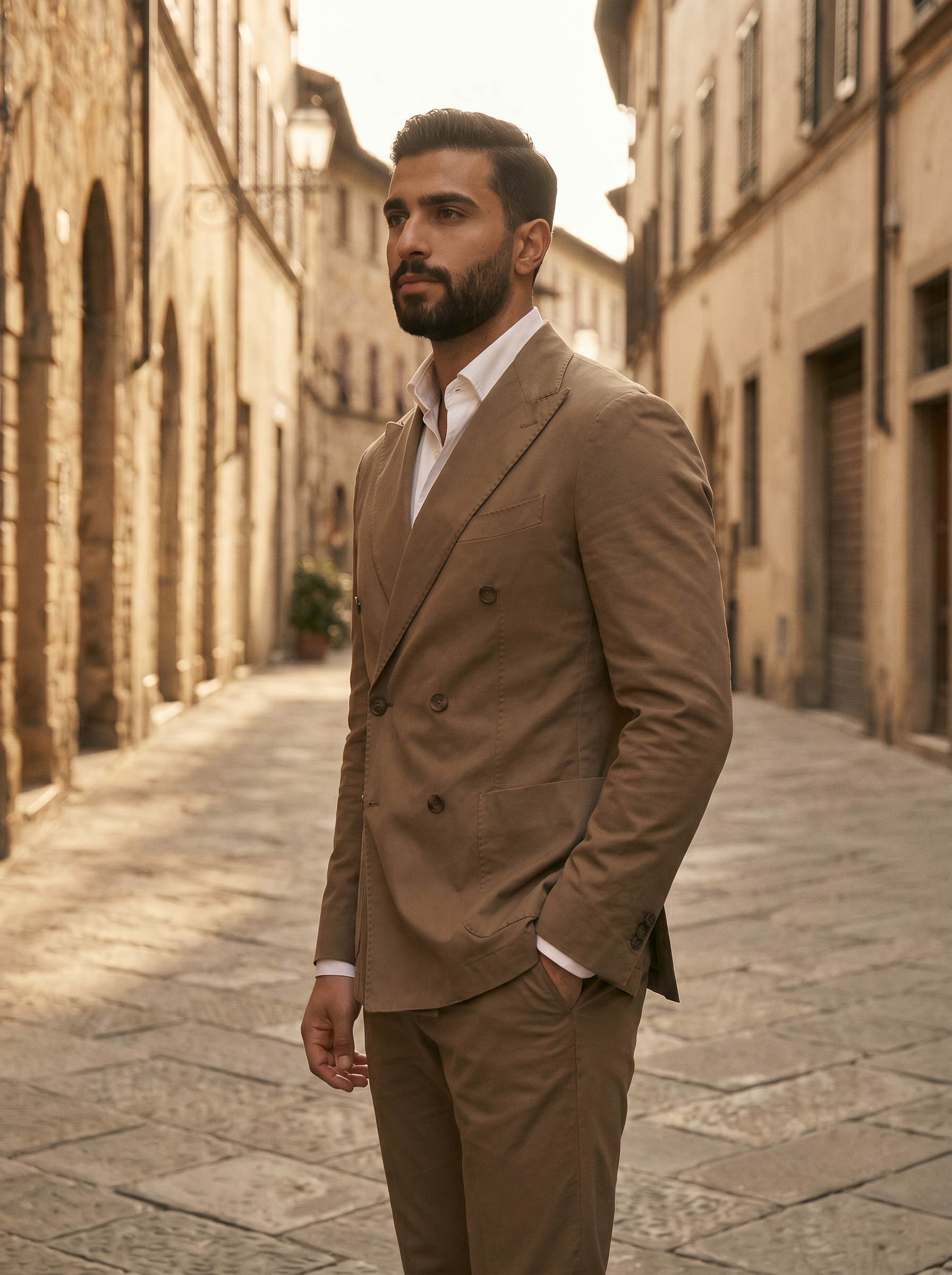 Stone Cotton Double Breasted Suit — Custom Made to Measure - side view