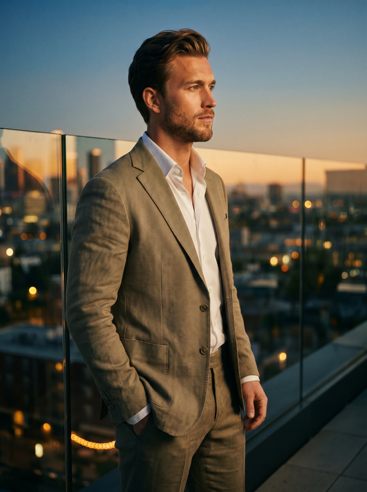 Stone Cotton Groomsmen Suit — Custom Made to Measure - side view