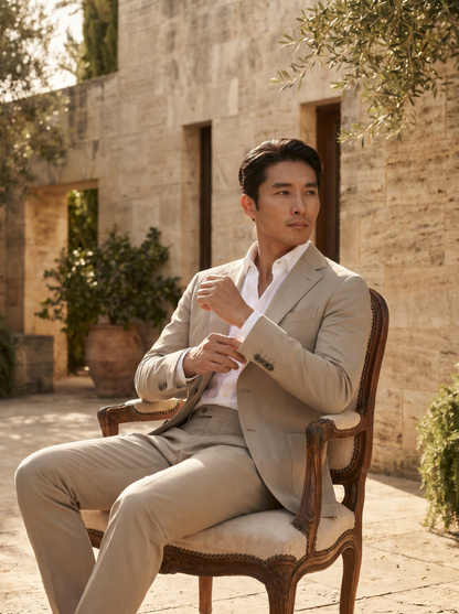 Stone Cotton Suit — Custom Made to Measure - seated view