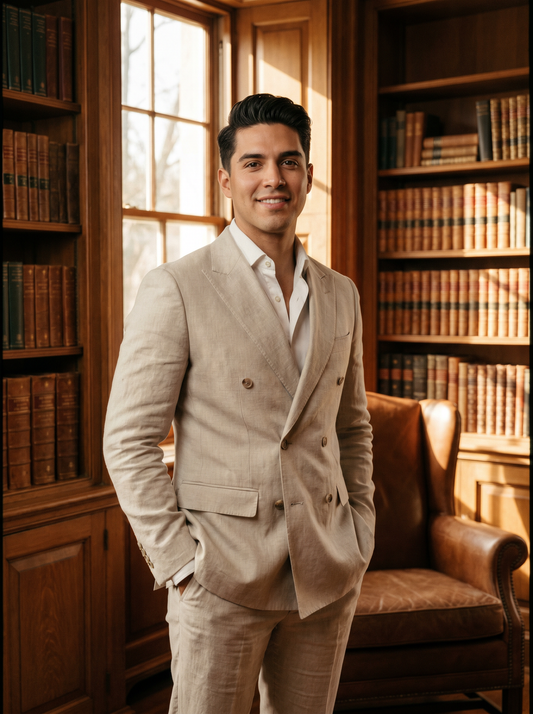 Stone Linen Double Breasted Suit — Custom Made to Measure - front view