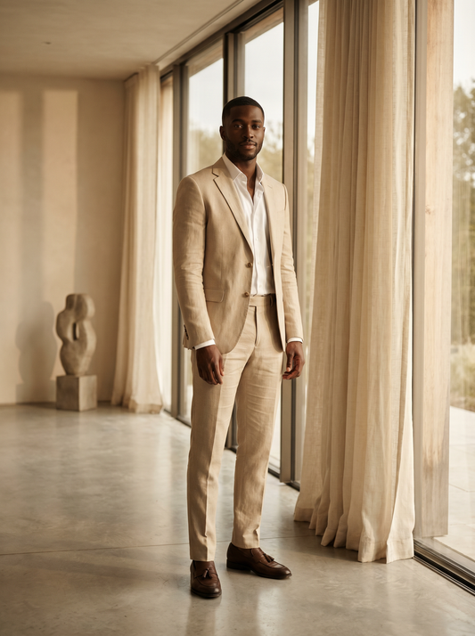 Stone Linen Groomsmen Suit — Custom Made to Measure - front view