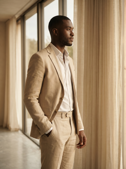 Stone Linen Groomsmen Suit — Custom Made to Measure - side view