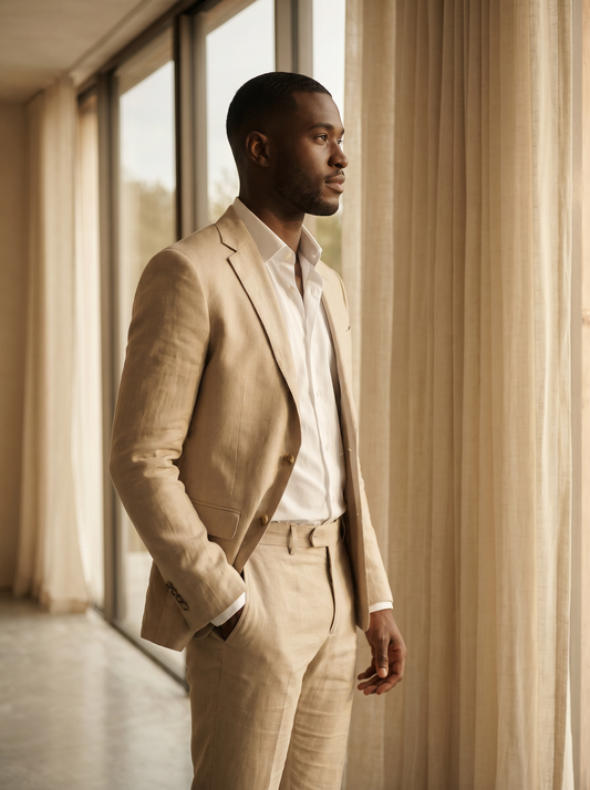 Stone Linen Groomsmen Suit — Custom Made to Measure - side view