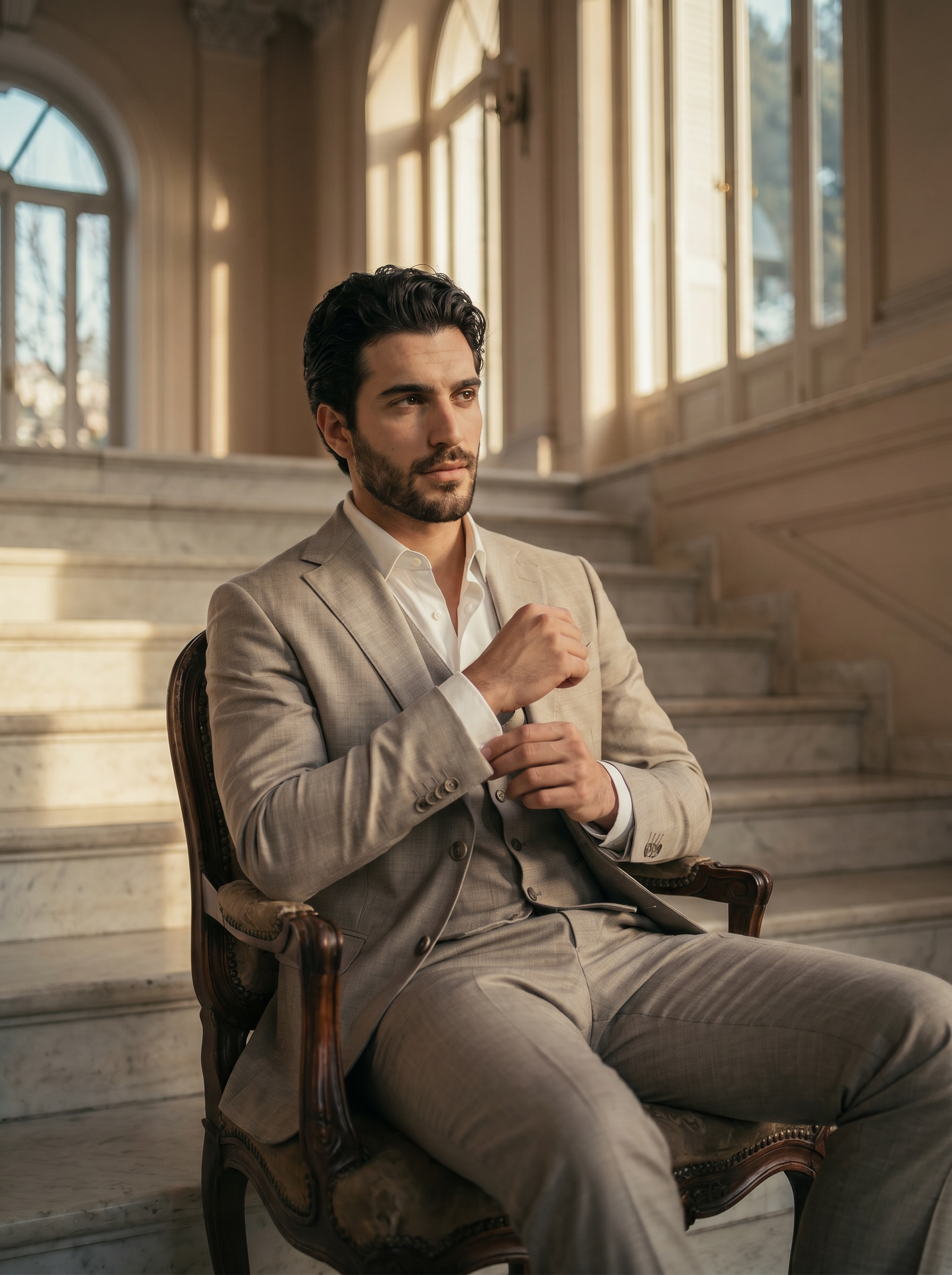 Stone Silk Blend 3-Piece Suit — Custom Made to Measure - seated view