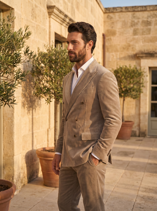 Stone Velvet Double Breasted Suit — Custom Made to Measure - side view