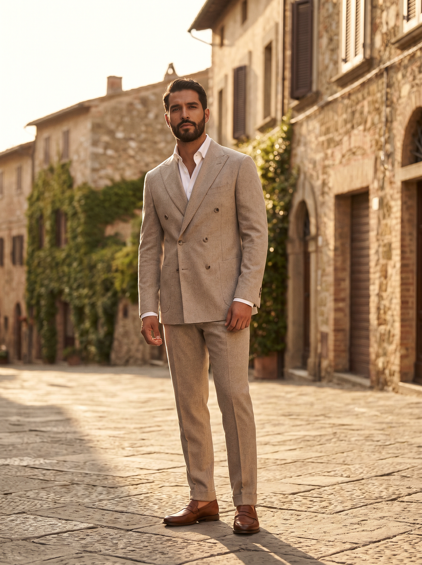 Stone Wool Double Breasted Suit — Custom Made to Measure - front view
