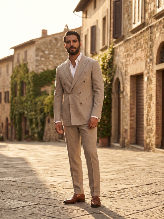 Stone Wool Double Breasted Suit — Custom Made to Measure - front view