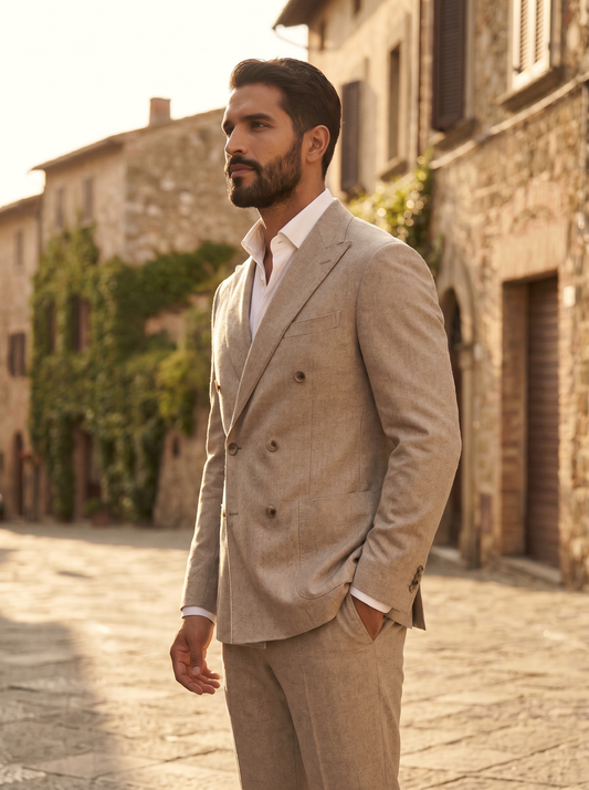 Stone Wool Double Breasted Suit — Custom Made to Measure - side view