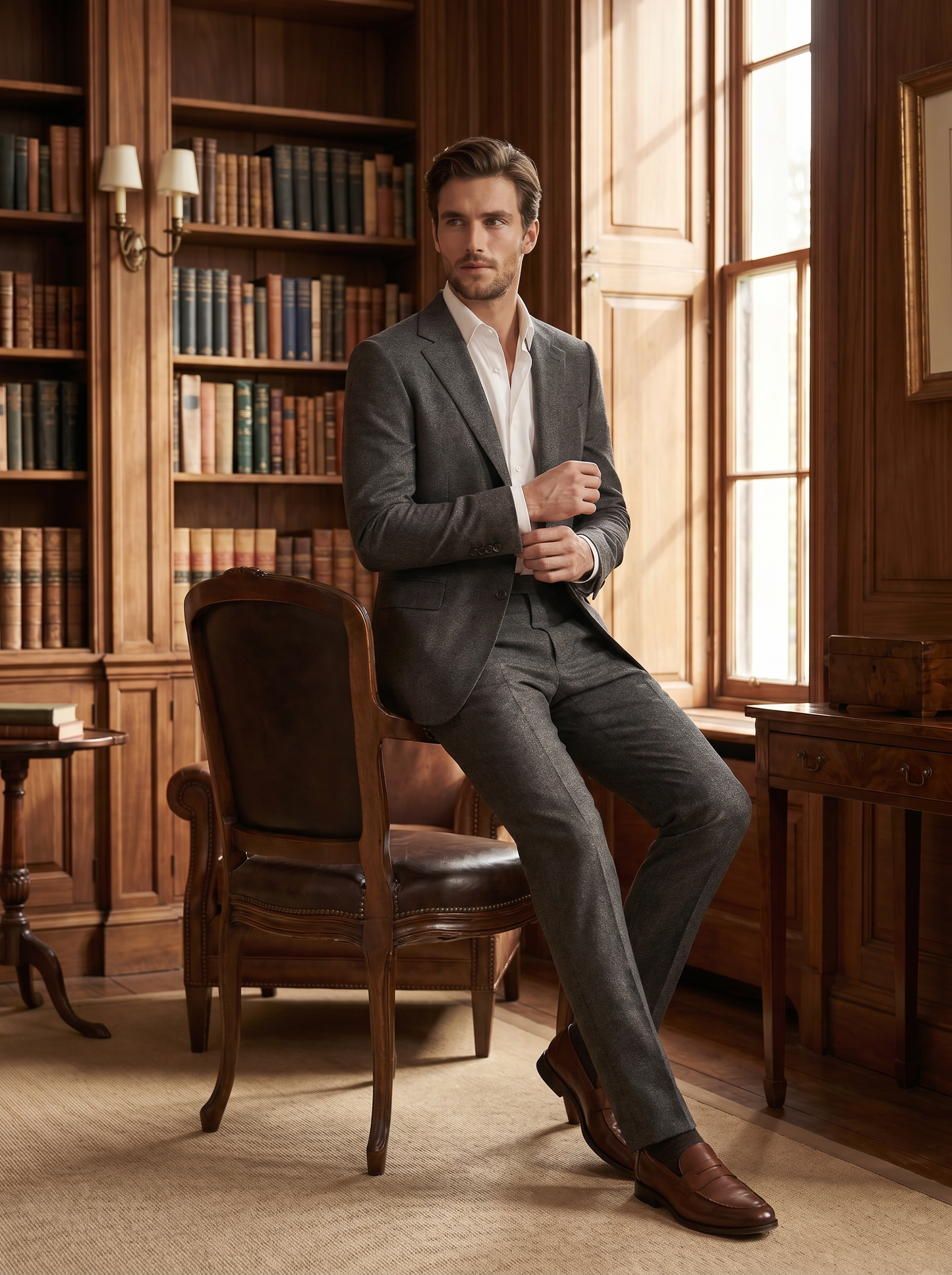 Stone Wool Groomsmen Suit — Custom Made to Measure - seated view
