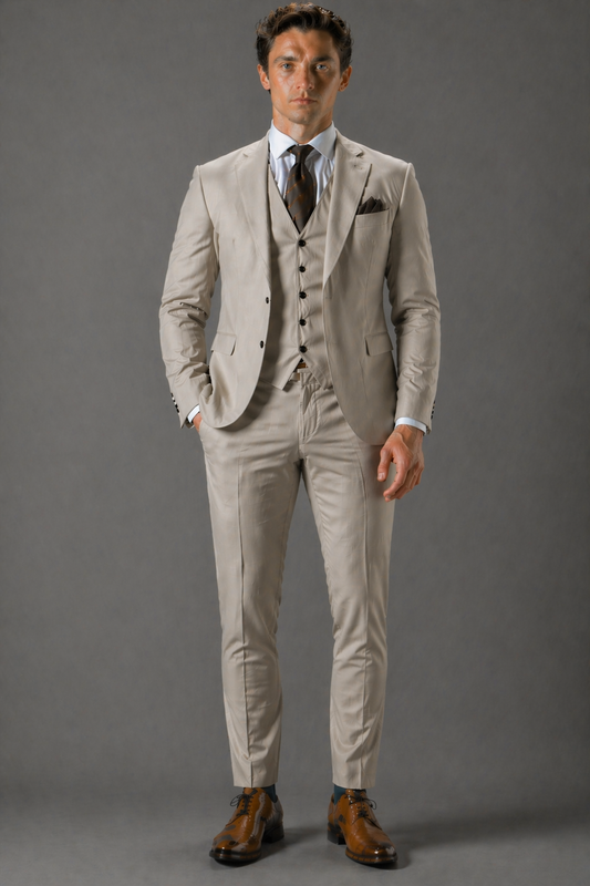 Stone Cotton Slim Fit Suit — Custom Made to Measure