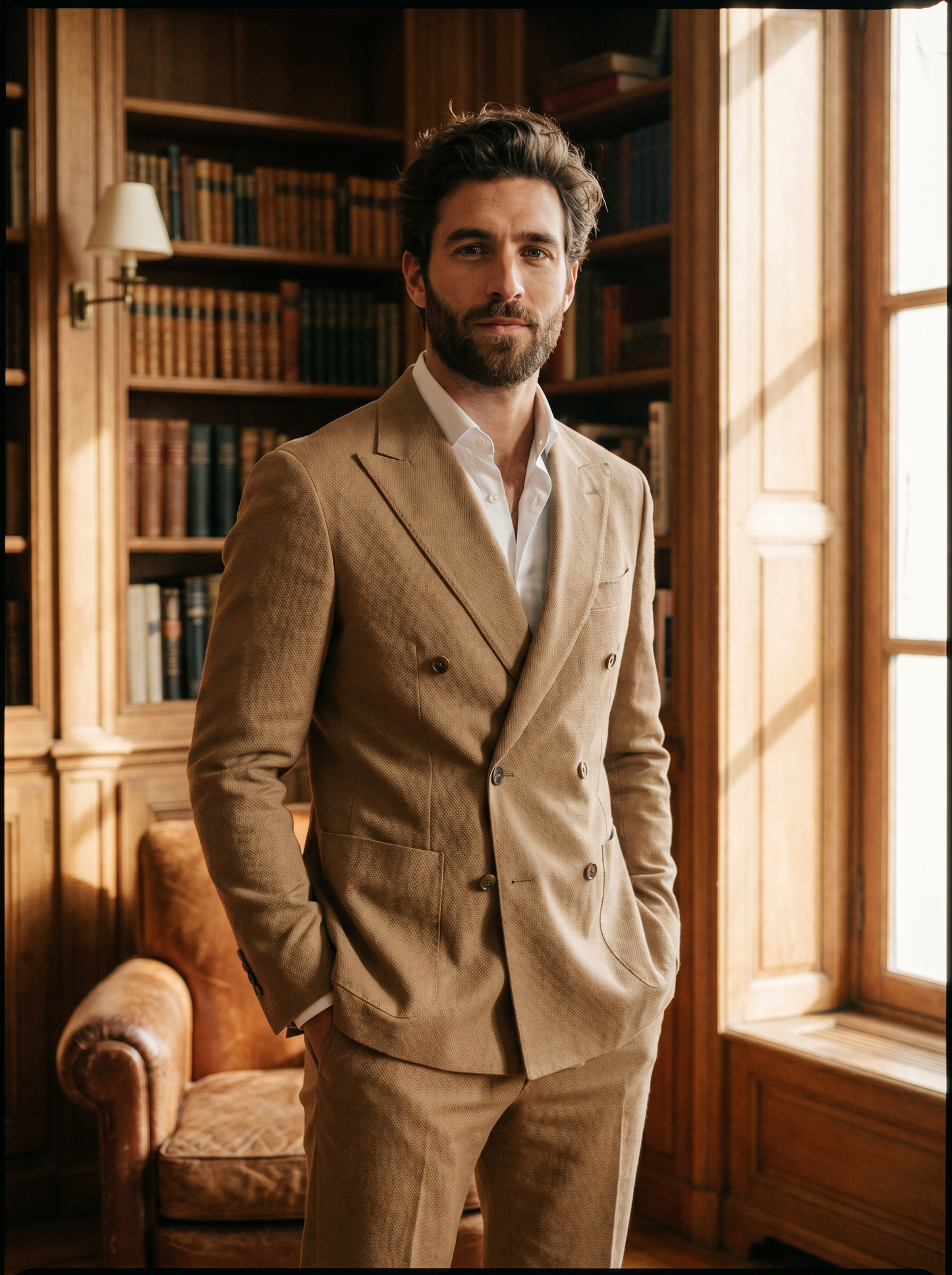 Tan Cotton Double Breasted Suit — Custom Made to Measure - front view