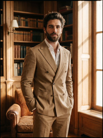 Tan Cotton Double Breasted Suit — Custom Made to Measure - front view