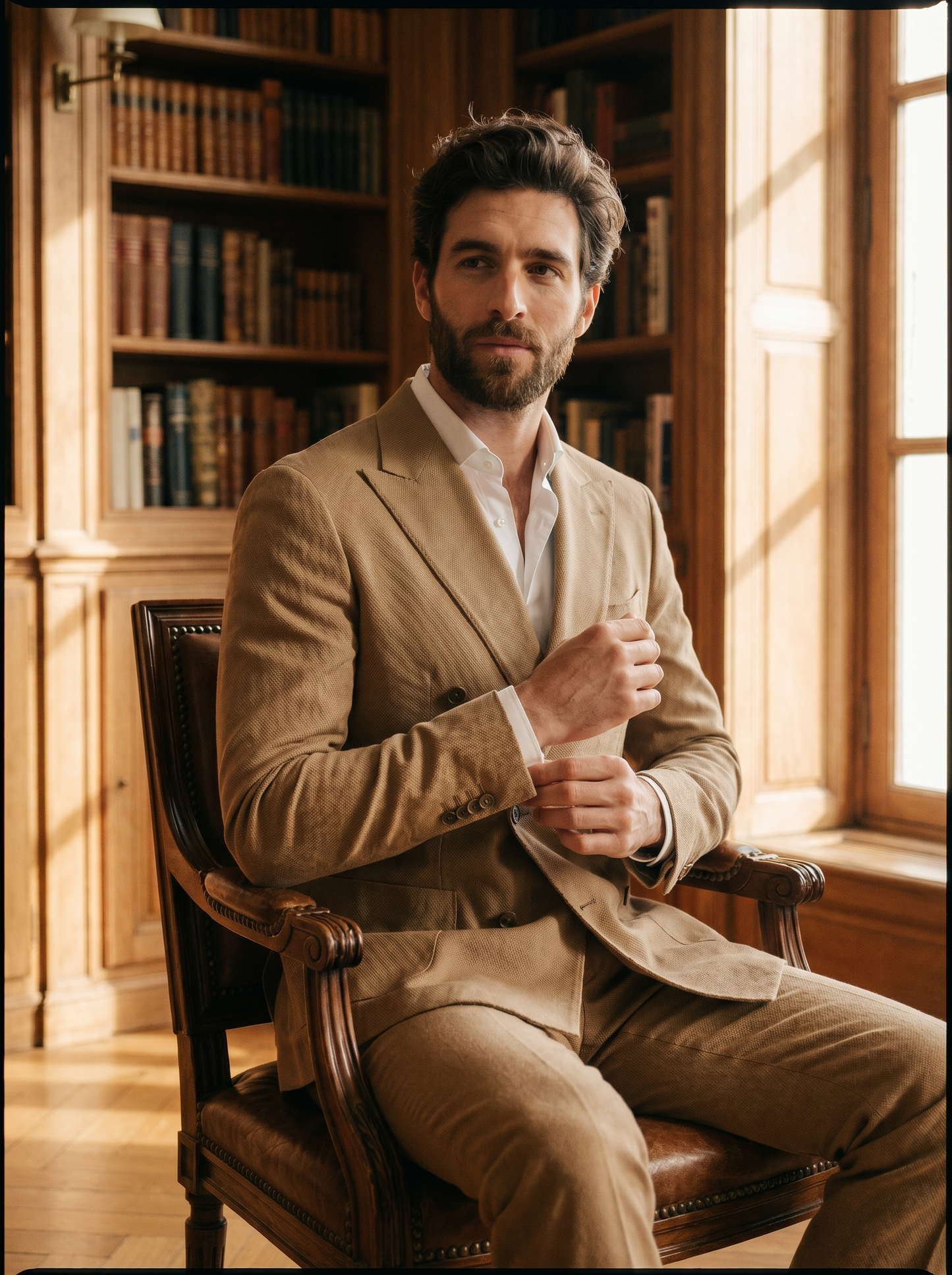Tan Cotton Double Breasted Suit — Custom Made to Measure - seated view