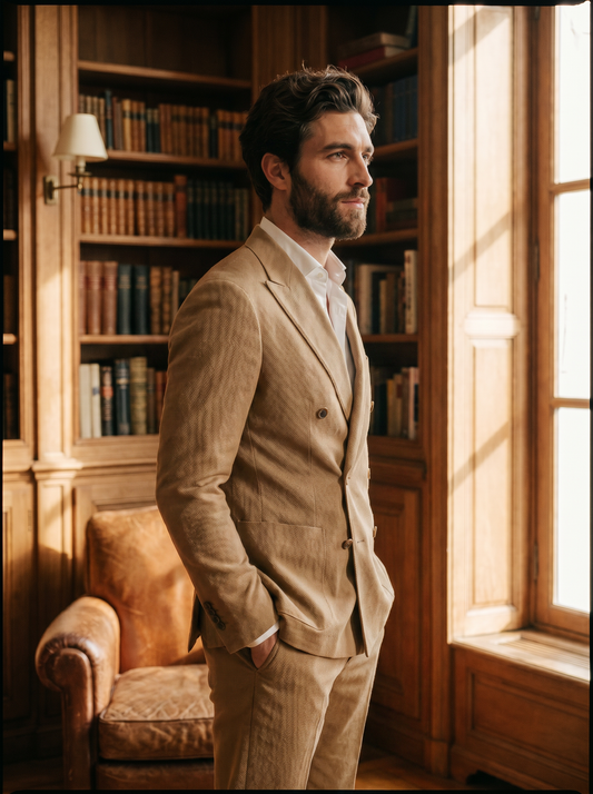 Tan Cotton Double Breasted Suit — Custom Made to Measure - side view