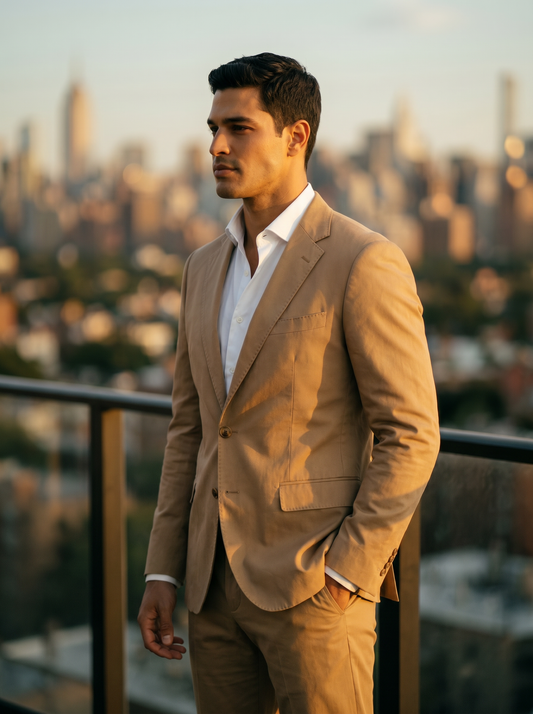 Tan Cotton Groomsmen Suit — Custom Made - side view