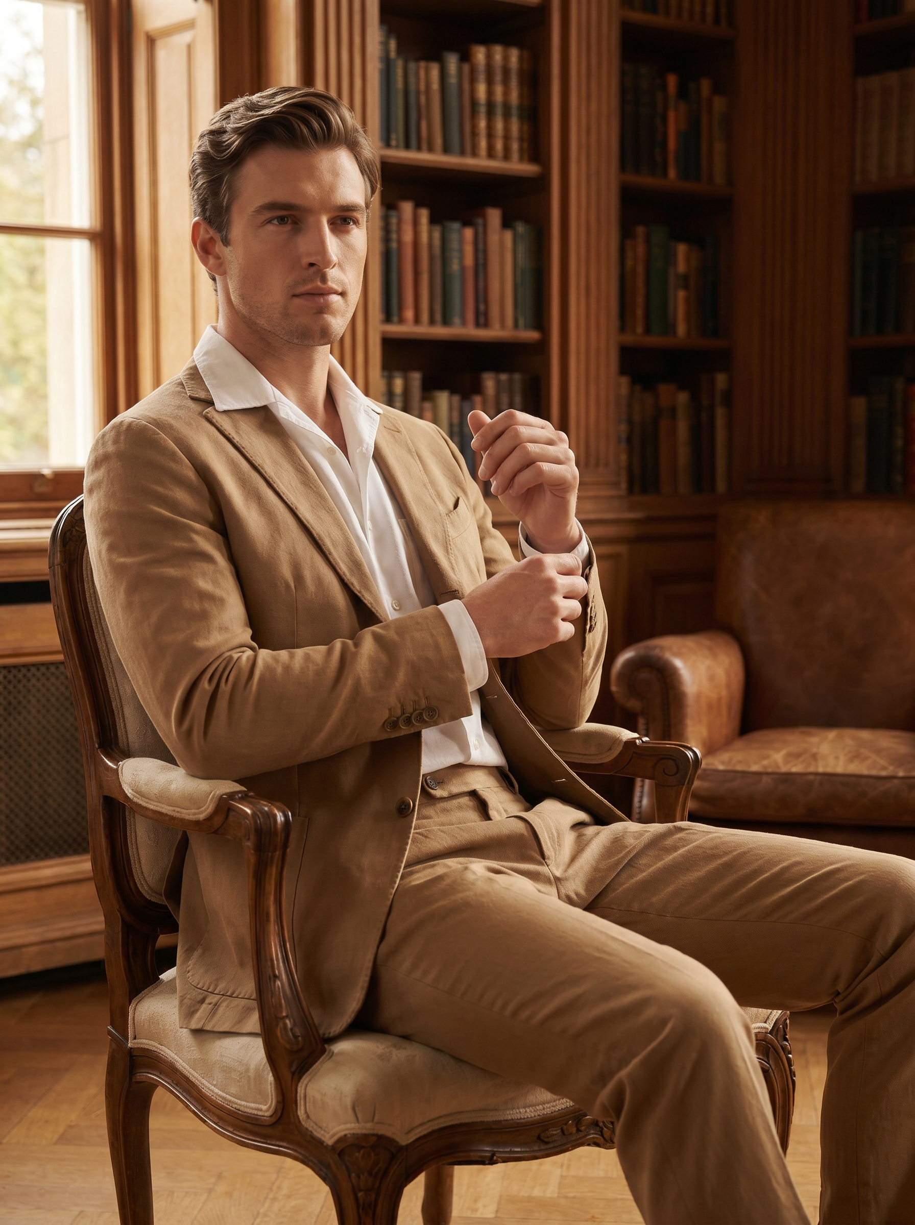 Tan Cotton Suit — Custom Made to Measure - seated view