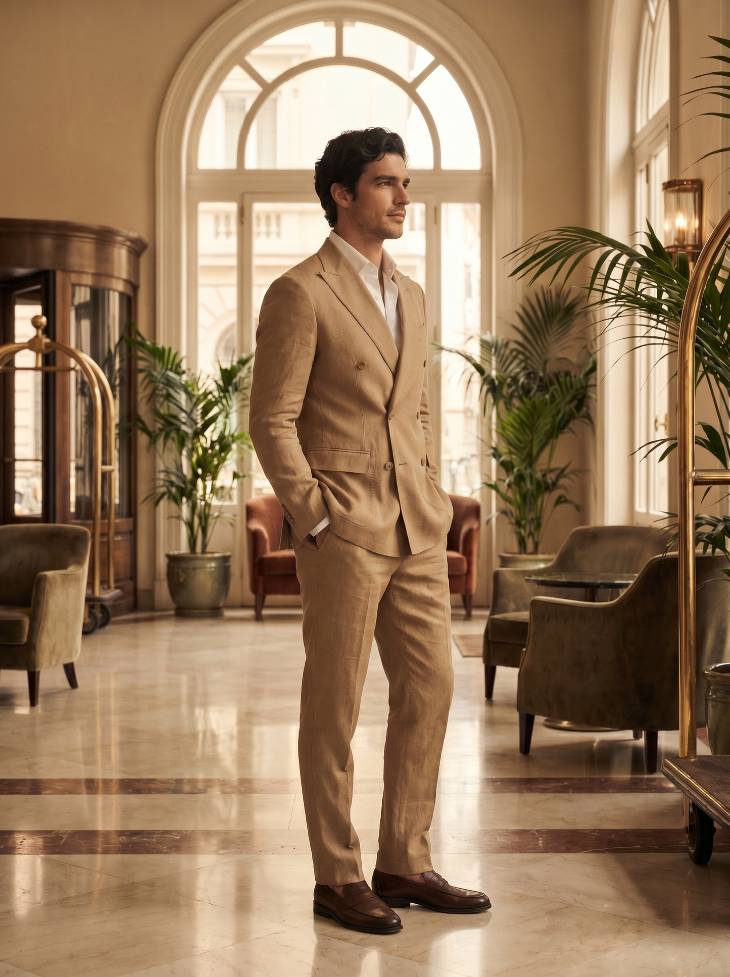Tan Linen Double Breasted Suit — Custom Made to Measure - side view