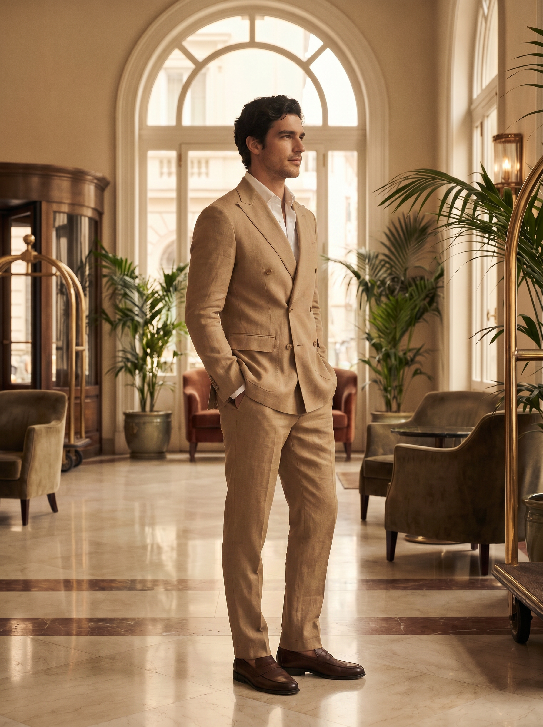 Tan Linen Double Breasted Suit — Custom Made to Measure - side view