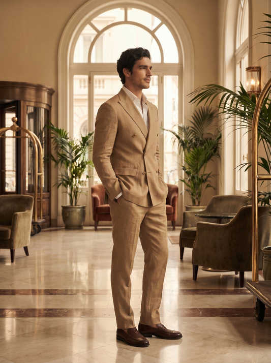 Tan Linen Double Breasted Suit — Custom Made to Measure - side view