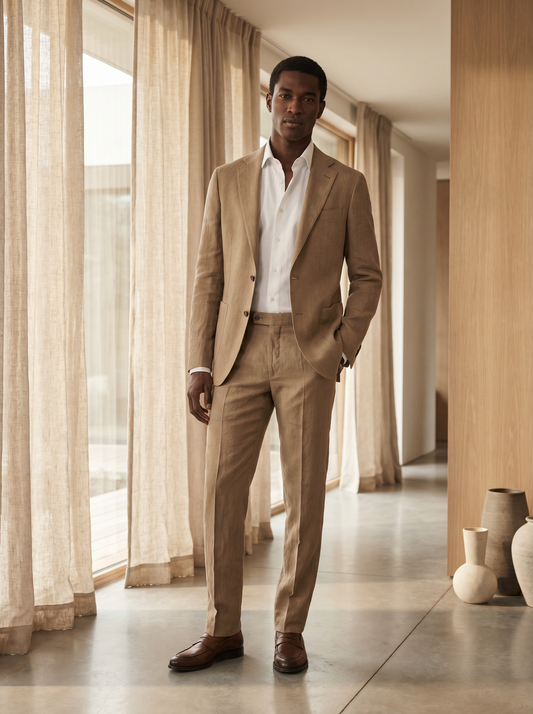 Tan Linen Groomsmen Suit — Custom Made to Measure - front view
