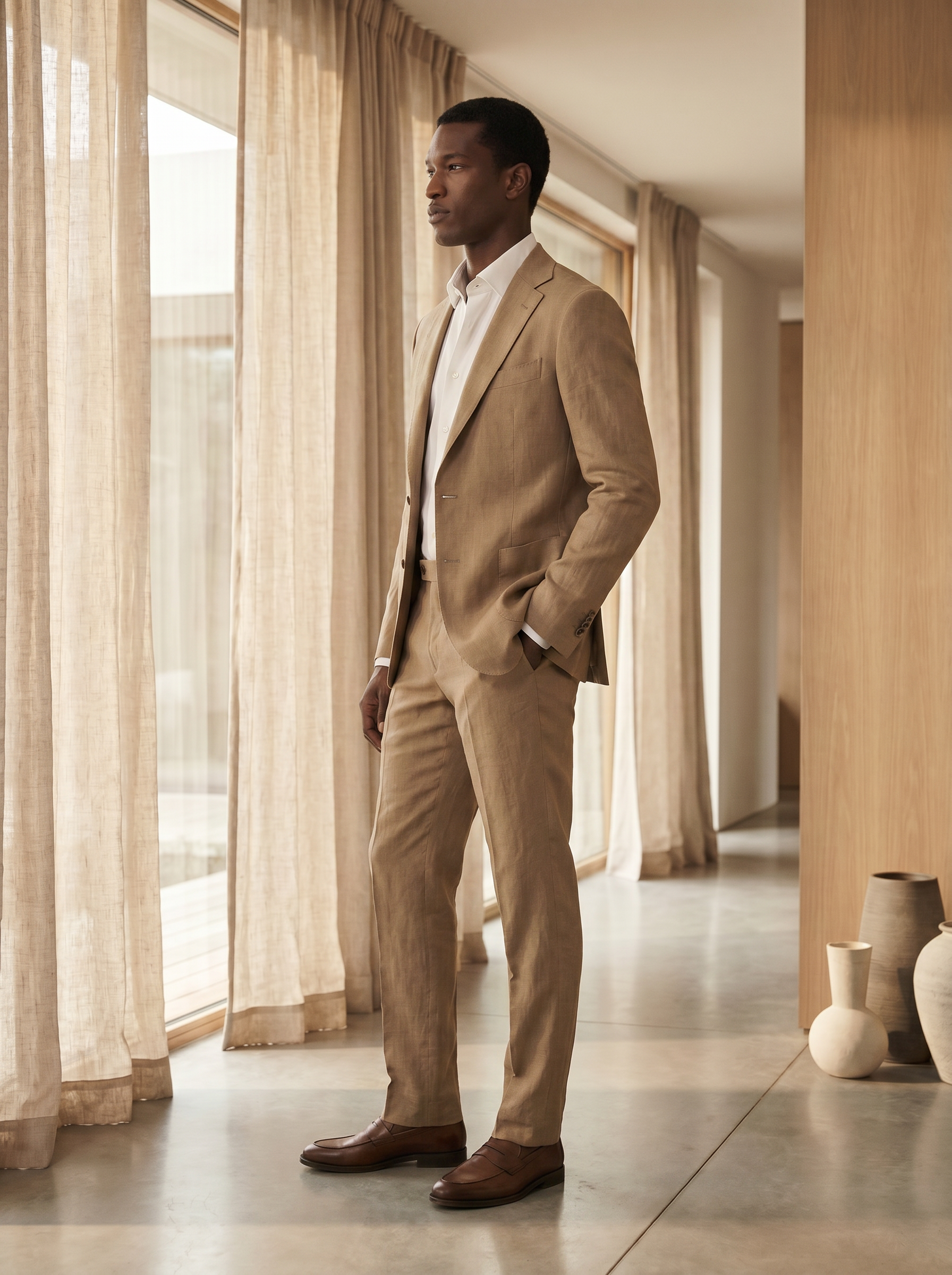 Tan Linen Groomsmen Suit — Custom Made to Measure - side view