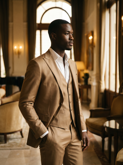 Tan Silk Blend 3-Piece Suit — Custom Made to Measure - side view