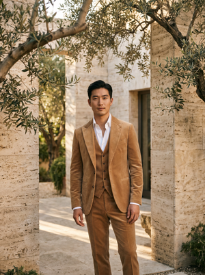 Men's Tan Velvet 3-Piece Suit — Custom Made to Measure | SuitedNoir — 1