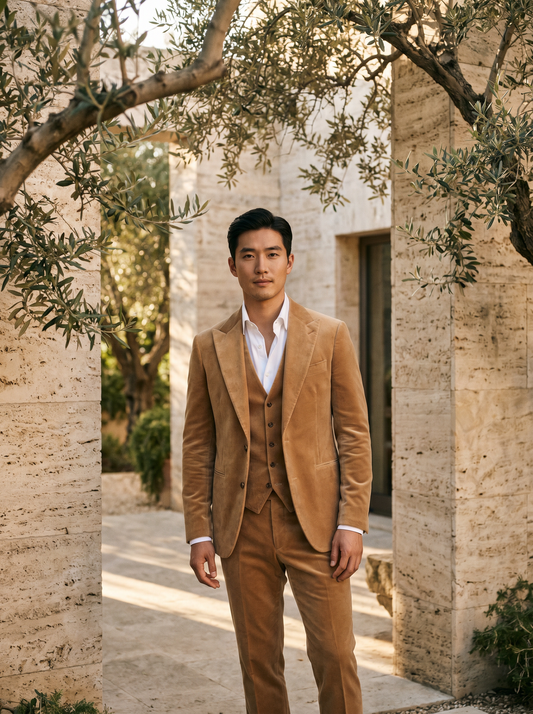 Tan Velvet 3-Piece Suit — Custom Made to Measure - front view