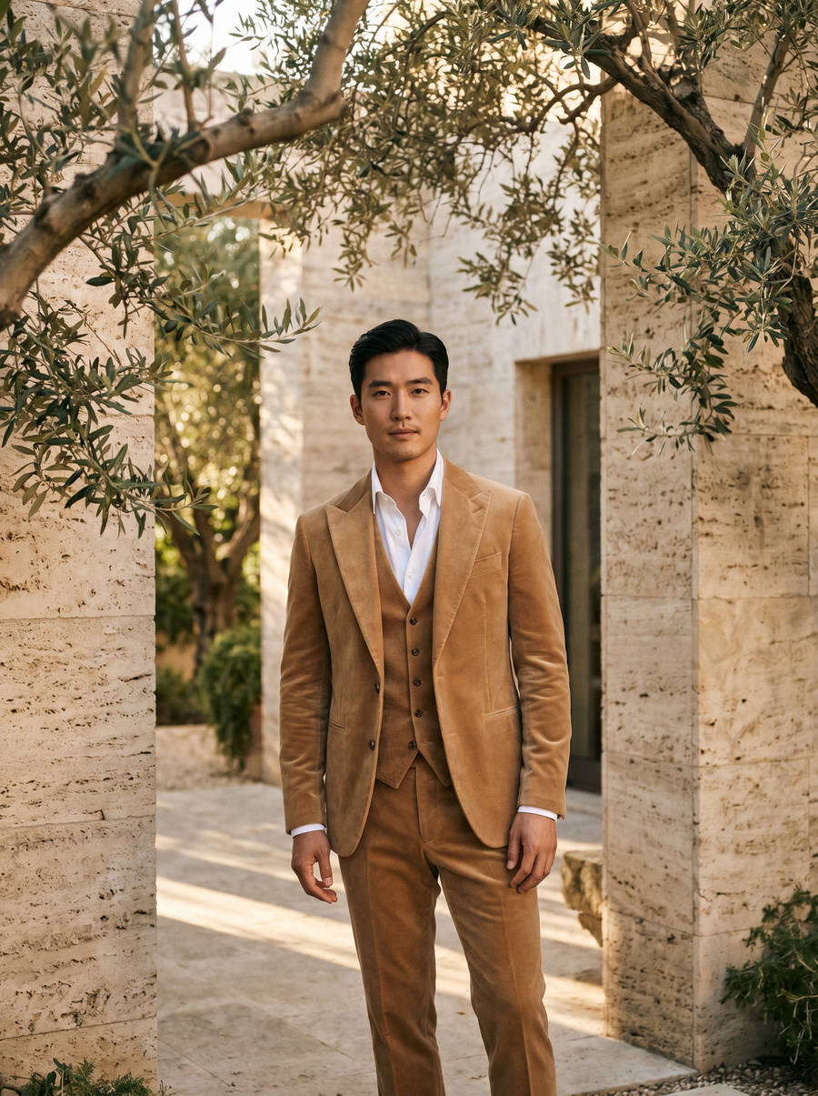 Men's Tan Velvet 3-Piece Suit — Custom Made to Measure | SuitedNoir